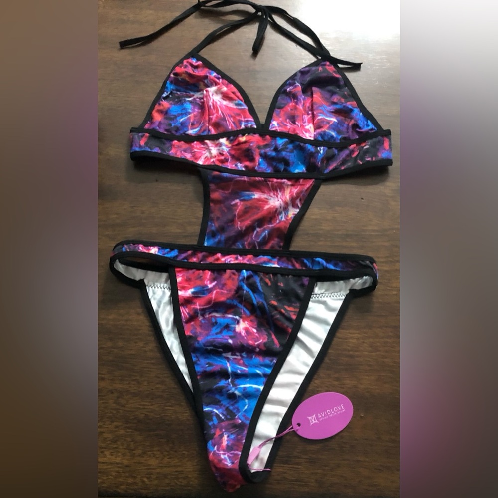 Tie-Dye Style one Piece Bikini Swimsuit - Pink & Blue. M